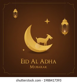 Eid al adha mubarak means Happy Feast of Sacrifice. Luxury Eid al adha greeting for social media post and banner with gold theme.