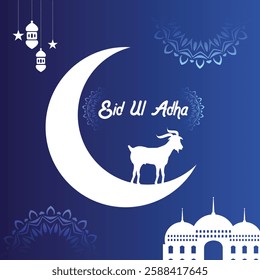 Eid Al Adha mubarak Moon Goat Greeting Card Design for Muslim Community Festival with Hand lettering