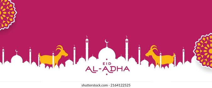 eid al adha mubarak mit Moschee und Ziege auf islamischem Dekodierungsbanner 