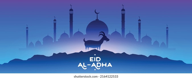 eid al adha mubarak with mosque and goat blue background 