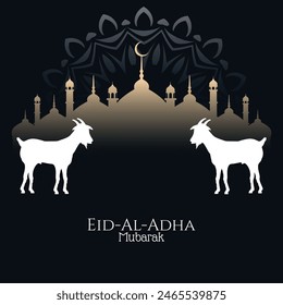 eid al adha mubarak con el logo de la mezquita y la cabra