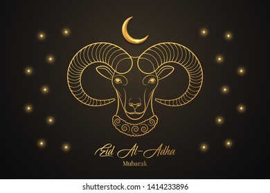 Eid al Adha Mubarak, muslim holiday. The Feast of Sacrifice with Golden Ram and Crescent on the black background. Vector illustration, Graphic design of Eid al Fitr. Kurban Bayram festival