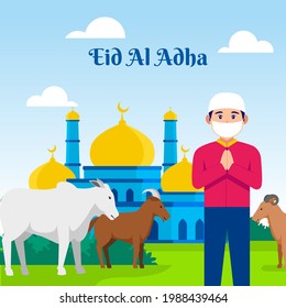 Eid Al Adha Mubarak. a muslim bring a goat and a cow for qurban. Vector Illustration