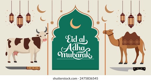 Eid al Adha Mubarak  Muslim Community Festival. Islamic Greeting with English and Typography. Cow Camel,  Knife, lantern Moon, Star,  Flat Design Vector Illustration, Moslem Holiday,  Flat Background.