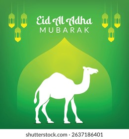 Eid Al Adha mubarak, a muslim festival banner, a camel, an Islmic festival green background