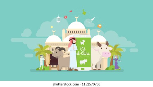 Eid Al Adha Mubarak Online Greeting Card Tiny People Character Concept Vector Illustration, Suitable For Wallpaper, Banner, Background, Card, Book Illustration, And Web Landing Page