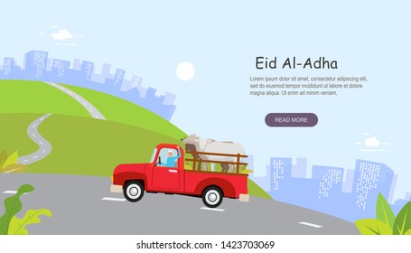 Eid al adha mubarak with people character concept. People with car carrying cows iIllustration design for Landing page templates, Book Illustration, Banners, Card Invitation, Poster and Social