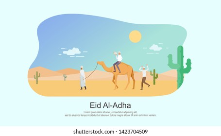 Eid al adha mubarak with people character concept. Hajj and umrah Illustration design for Landing page templates, Book Illustration, Banners, Card Invitation, Poster and Social media