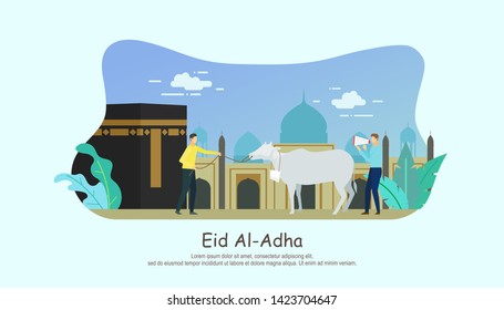 Eid al adha mubarak with people character concept. Hajj and umrah Illustration design for Landing page templates, Book Illustration, Banners, Card Invitation, Poster and Social media