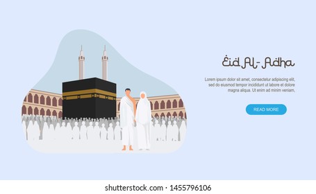 Eid al adha mubarak con el concepto de personaje de la gente. Diseño de la Ilustración Hajj y umrah para plantillas de página de aterrizaje, carteles, publicidad, invitación a tarjeta, volante, afiche y medios sociales