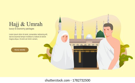 Eid al adha mubarak with people character concept. Hajj and umrah Illustration design for Landing page templates, Book Illustration, Banners, Card Invitation, Poster and Social media