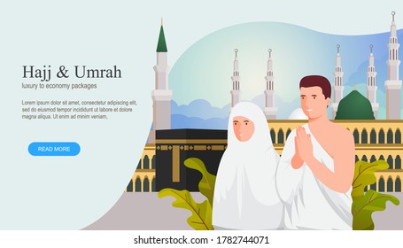 Eid al adha mubarak with people character concept. Hajj and umrah Illustration design for Landing page templates, Book Illustration, Banners, Card Invitation, Poster and Social media