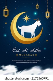 Eid Al Adha Mubarak Plakat Vektordesign. Schöner Halbmond mit Ziege auf Sternen am Nachthimmel