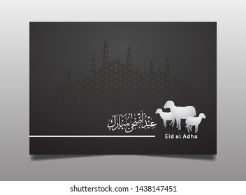 Eid al Adha Mubarak Ramadan design with  sheep and islamic pattern isolated on black background. Islamic design for Ramadan purpose. The Arabic calligraphy means (Eid Adha Mubarak).