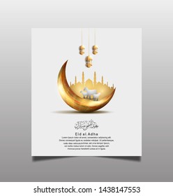 Eid al Adha Mubarak Ramadan design with golden crescent moon, mosque, lantern and sheep isolated on white background. The Arabic calligraphy means (Eid Adha Mubarak).