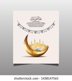 Eid al Adha Mubarak Ramadan design with golden crescent moon, ribbon, mosque, and sheep isolated on white background. The Arabic calligraphy means (Eid Adha Mubarak).