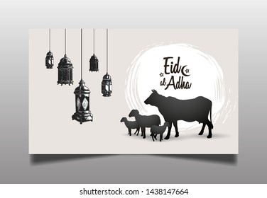 Eid al Adha Mubarak Ramadan design with lantern, cow and sheep isolated on soft brown background. Islamic design for Ramadan purpose.