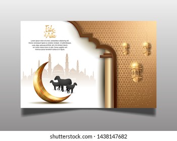 Eid al Adha Mubarak Ramadan design with golden crescent moon, mosque, lantern and sheep isolated on white background. Islamic design for Ramadan purpose.