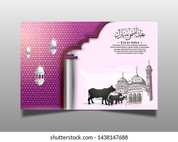Eid al Adha Mubarak Ramadan design with lantern, mosque, cow and sheep isolated on purple background. Islamic design for Ramadan purpose. The Arabic calligraphy means (Eid Adha Mubarak).