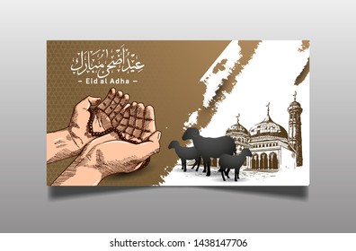 Eid al Adha Mubarak Ramadan design with hand pray, mosque, and sheep isolated on brown background. Islamic design for Ramadan purpose. The Arabic calligraphy means (Eid Adha Mubarak).