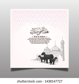 Eid al Adha Mubarak Ramadan design with  sheep and mosque isolated on white background. Islamic design for Ramadan purpose. The Arabic calligraphy means (Eid Adha Mubarak).