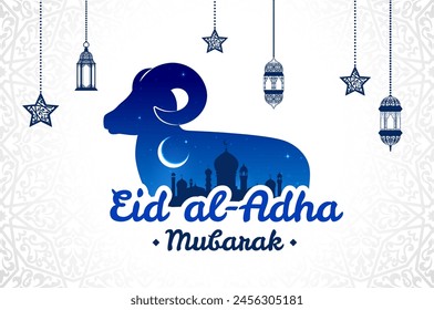 Eid Al Adha Mubarak and Ramadan Kareem vector banner for Muslim holidays with lamb sheep. Eid Al Adha Mubarak greeting with mosque silhouette and crescent moon, stars and Arabian lanterns ornament