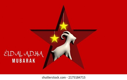 eid al adha mubarak red  background with stars and goat , poster , gift card ,vector illustration