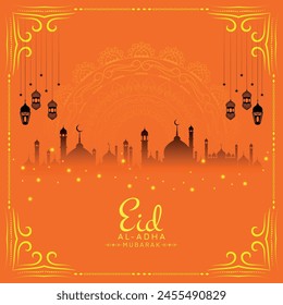 Eid Al Adha mubarak religious with mosque background vector