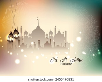 Eid Al Adha mubarak religious with mosque background vector