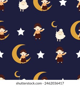 Eid Al Adha Mubarak Seamless Muslim Celebration Pattern with Sacrificial Animals in the form of a lamb hanging on the moon and a boy sitting on the moon on an isolated background.