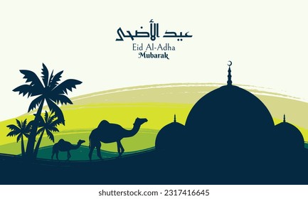 Eid Al Adha Mubarak social media post, Card, and poster design template design with palm tree, camel, and mosque. Watercolor Vector Background of Mosque, Camel, and Date Palm in the Desert