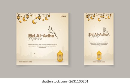 Eid al Adha mubarak postagem de mídia social, modelo de história com elemento islâmico, masjid, lâmpada vetor 
