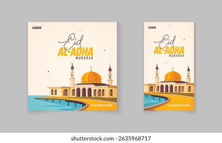 Eid al Adha mubarak social media post and story template with Islamic pattern, masjid, star vector