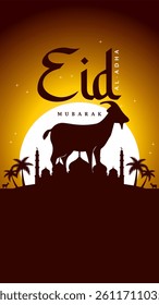 Eid Al Adha Mubarak Sunset Goat Mosque Silhouette Vector Design