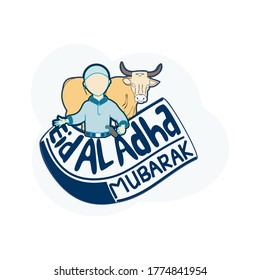 Eid al adha Mubarak texto tipografía vectorial de fondo con vaca y gente