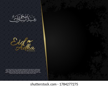 Eid al adha mubarak text on dark background with pattern and gold layout for greeting card, invitation, banner, flyer, brochure. Islamic zulhijah celebration vector illustration