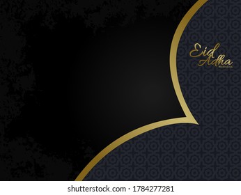 Eid al adha mubarak texto sobre fondo oscuro con patrón y disposición dorada para tarjeta de saludo, invitación, banner, volante, folleto. Ilustración vectorial de la celebración islámica de zulhijah