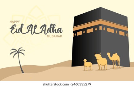 Eid Al Adha Mubarak with typography Background Card Template. Vector Illustration of the Kaaba, goat, cow and camel.