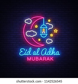 Eid Al Adha Mubarak Vector illustration for the celebration of Muslim community festival. Neon Style, Eid al-Adha. the sacrifice a ram, trendy modern graphic design decoration kurban bayrami