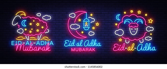 Eid Al Adha Mubarak Vector illustration collection signs for the celebration of Muslim community festival. Neon Style, Muslim holiday Eid al-Adha. the sacrifice a ram, trendy modern graphic design