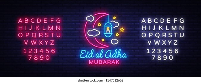 Eid Al Adha Mubarak Vector illustration for the celebration of Muslim community festival. Neon Style, Eid al-Adha. the sacrifice a ram, trendy modern graphic design. Editing text neon sign