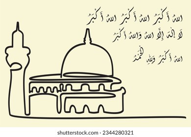 Eid Al Adha Mubarak vector post design. Eid Tabir Allahu Akbar Arabic text. Eid ul Azha Takbeer Calligraphy. Vector illustration one line drawing of ancient al aqsa mosque in Jerusalem - Palestine. 