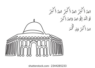 Eid Al Adha Mubarak vector post design. Eid Tabir Allahu Akbar Arabic text. Eid ul Azha Takbeer Calligraphy. Vector one line drawing illustration of al aqsa mosque in Palestine in free line art.
