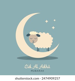 Eid al adha mubarak vector illustration of a crescent moon and a stylized sheep