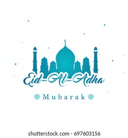 Eid Al Adha Mubarak Vector illustration, Typography with beautiful mosque, Greeting card for Muslim community festival.