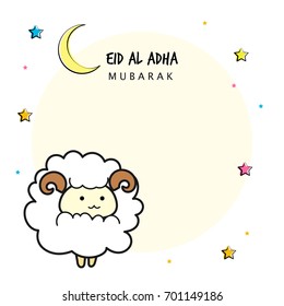 Eid Al Adha Mubarak Vector illustration, Cute sheep with copy space, Greeting card for Muslim community festival.