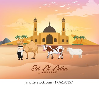 Eid Al Adha, Muslim community festival of sacrifice, greeting card design with sheep cow and camel
