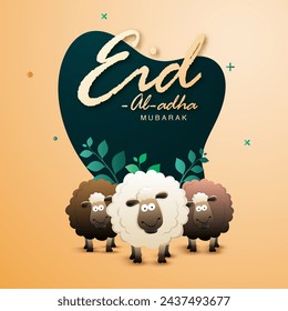 Eid Al Adha (Muslim festival) Celebration Background with Cartoon Sheep and Leaves illustration on Abstract Blue and Golden Background.