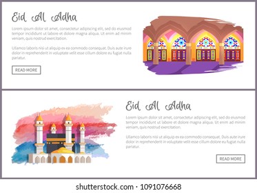 Eid Al Adha muslim holiday online commercial. Mosque interior and exterior views on web pages templates. Religious event promo vector illustrations.