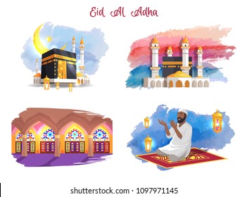 Eid Al Adha muslim holiday thematic pictures set. Mosque building inside and outside, Arab man on carpet prays among lanterns vector illustrations.